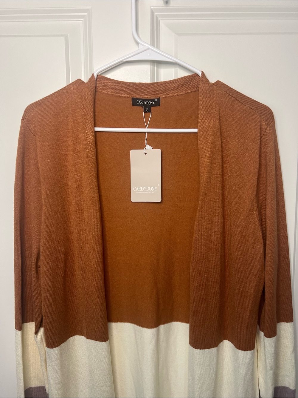 Colorblock Open Front Sweater Cardigan - Brown/Ivory/Gray - Picture 4 of 6